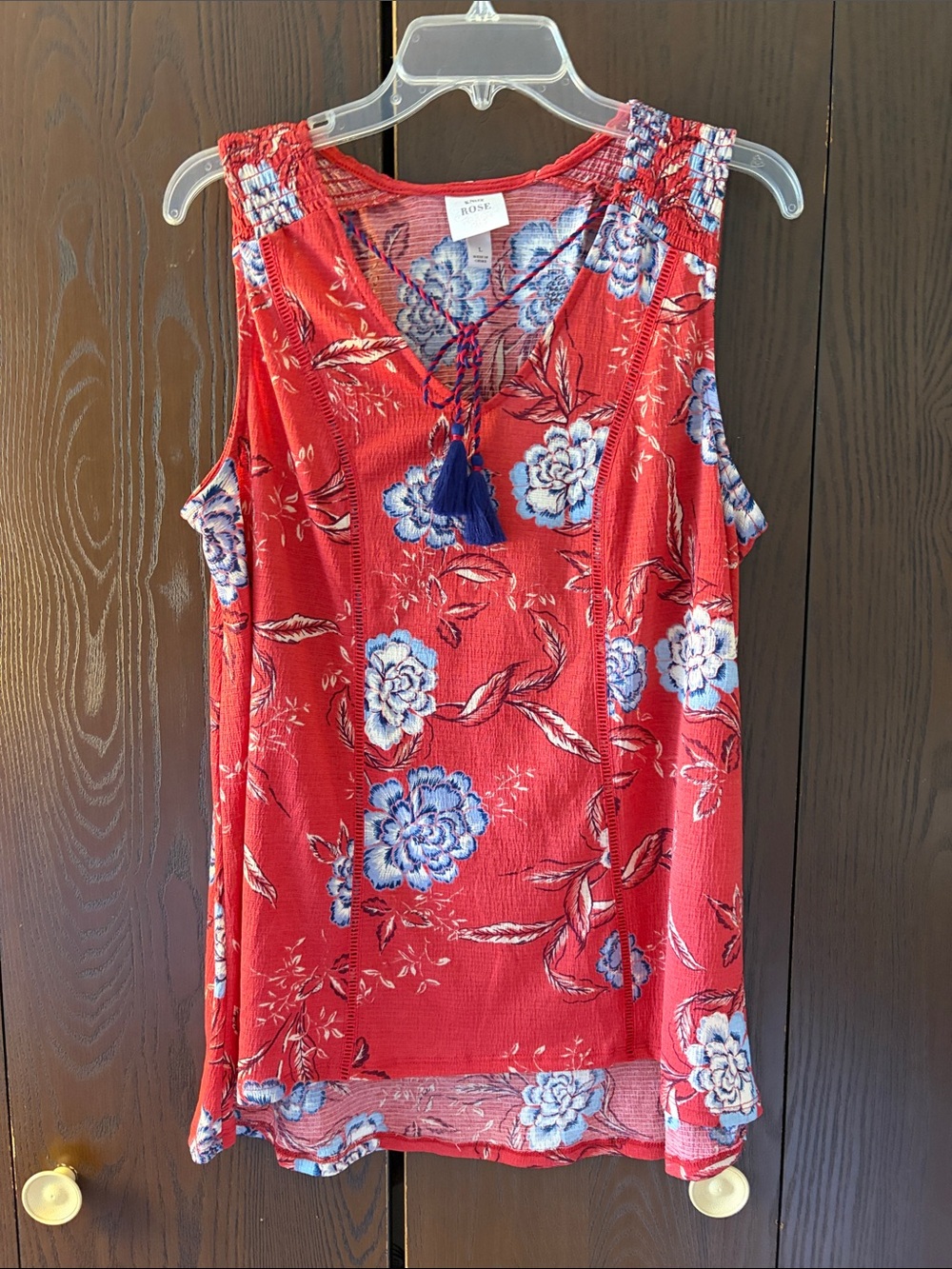 Knox Rose  Tomato Red Floral V-Neck Tassel Tank. Size Large. NWOT